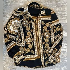 Fashionnova black and gold design long sleeve button up size L